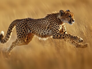 Naklejka premium Majestic Cheetah in Full Stride: High-Speed Action Shot on the Savannah