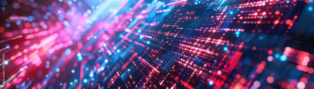 Poster abstract digital background featuring bright blue and pink lights creating a dynamic and futuristic 