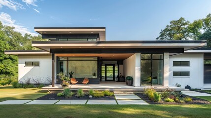Modern suburban home featuring clean lines, a flat roof, and an expansive front porch with minimalist landscaping