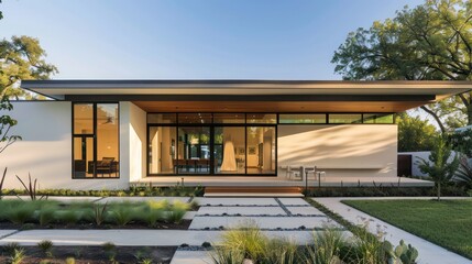 Fototapeta premium Modern suburban home featuring clean lines, a flat roof, and an expansive front porch with minimalist landscaping