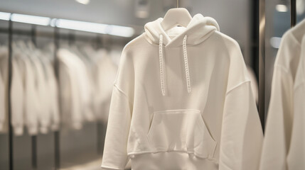 White Hoodie Hanging in Modern Boutique