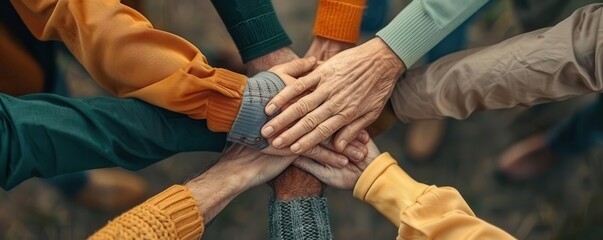 A diverse group of people joining hands in a circle outdoors, symbolizing unity and support within the community Bright, natural background with ample space for copy