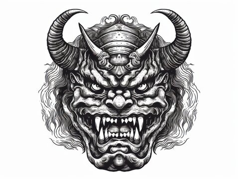 recommend clip art: Black and white Vintage engraved art of an oni isolated on white background, ink sketch illustration, simple vector art design, highly detailed line art, high contrasty 