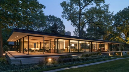 Fototapeta premium Modern suburban home featuring expansive glass walls and a flat roof, nestled among mature trees, with evening lighting highlighting its minimalist architecture