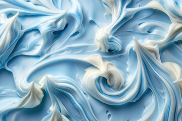 Obraz premium A blue and white frosting swirls on a cake. The frosting is thick and creamy, and the blue and white colors create a calming and soothing effect. The swirls are reminiscent of ocean waves