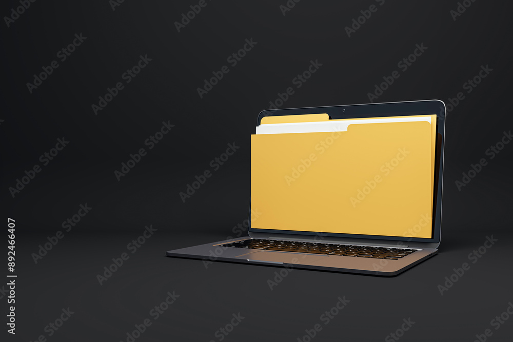 Poster Laptop with large yellow folder icon on screen on dark background. 3D Rendering
