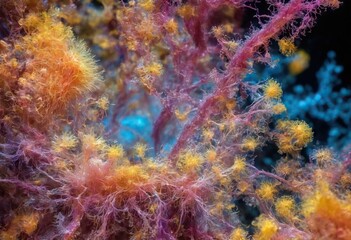 Obraz premium Microscope of mucous mold exploding in natural habitat, transparent filaments, shimmering spores. Microbiology laboratory concepts. Generative AI