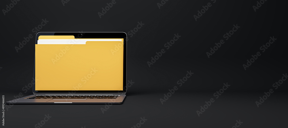 Poster Laptop with a Large Yellow Folder Icon on Screen. 3D Rendering