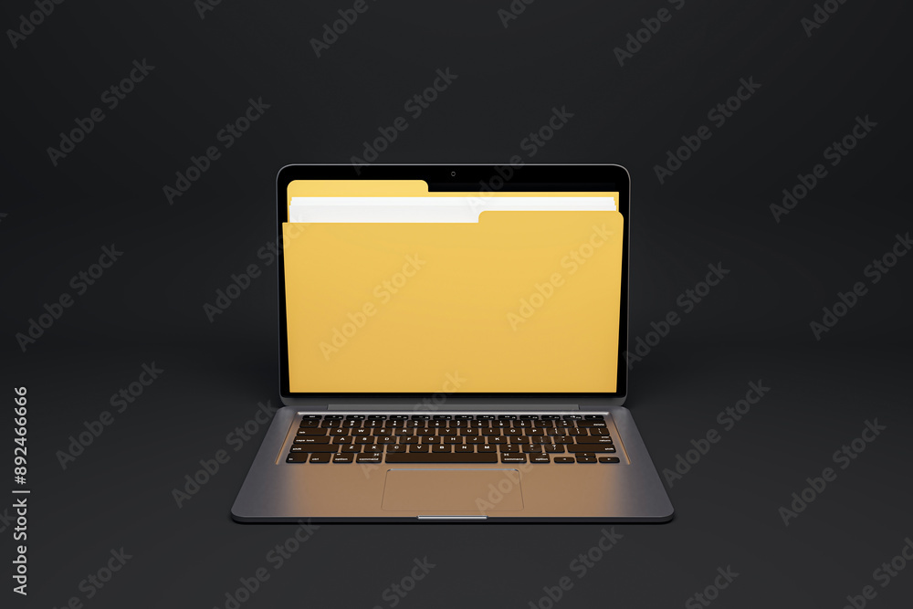 Poster yellow folder icon on laptop screen on dark background. 3d rendering