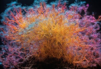 Microscope of mucous mold exploding in natural habitat, transparent filaments, shimmering spores. Microbiology laboratory concepts. Generative AI