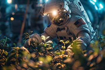 On a space orbital station, experimental crops are being cultivated in microgravity. An astronaut is researching plant growth, representing a technological breakthrough and planetary expansion