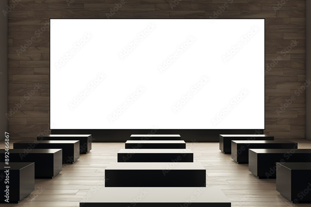 Poster empty cinema screen with black seats in modern theater hall. 3d rendering