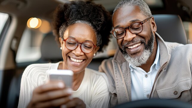A happy senior couple taking a selfie inside a car, both smiling broadly, wearing glasses and casual attire, capturing a moment of joy and togetherness on a sunny day.