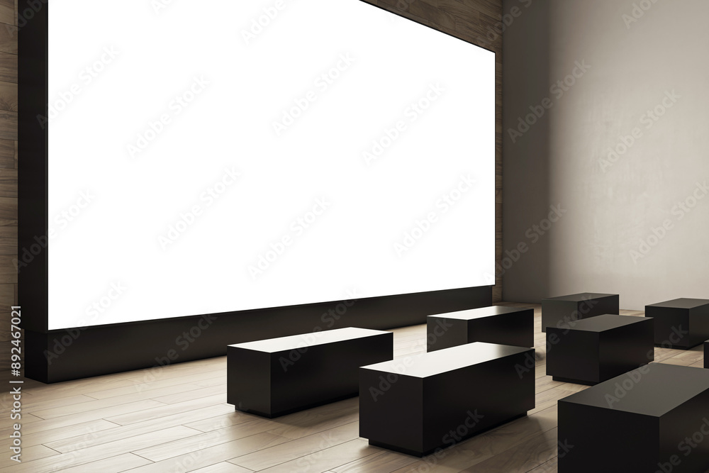 Poster empty cinema hall with large white screen and black seats. 3d rendering