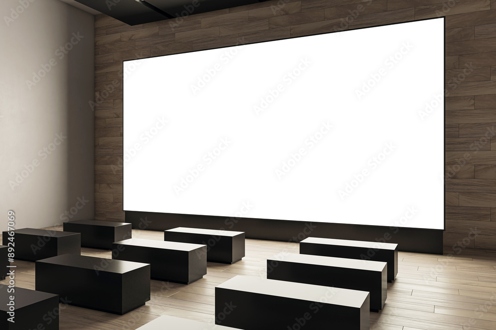 Poster Empty cinema screen with black seats in a modern theater. 3D Rendering