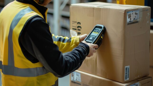 Warehouse worker scanning a box with a handheld scanner.