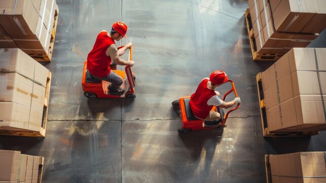 Two warehouse workers ride motorized pallet jacks in a large warehouse