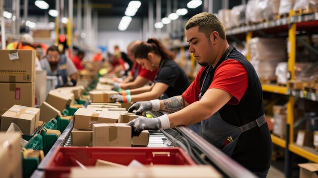 Warehouse workers packing boxes on a conveyor belt in a warehouse
