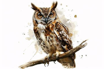 Naklejka premium Majestic Watercolor Owl on Branch with Intricate Patterns