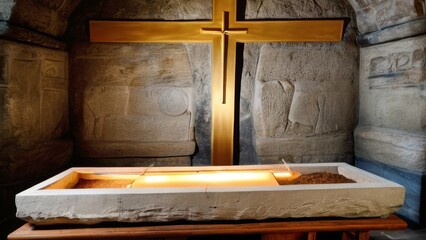 Empty tomb of Jesus with crucifixion at sunrise
