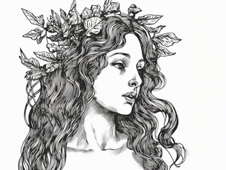 Fototapeta premium Black and white Vintage engraved art of a nymph isolated on white background, ink sketch illustration, simple vector art design, highly detailed line art, high contrasty