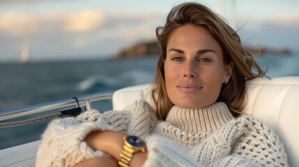 A woman reclines on a yacht wearing a chunky knit sweater, savoring the ocean breeze and the luxury of a sea voyage, with water and distant islands visible behind her.