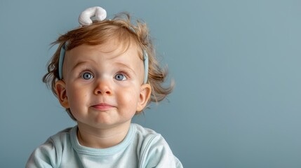 A blue-eyed toddler with a gentle expression, adorned with a small headband, staring into the distance, capturing the purity and innocence of early childhood.