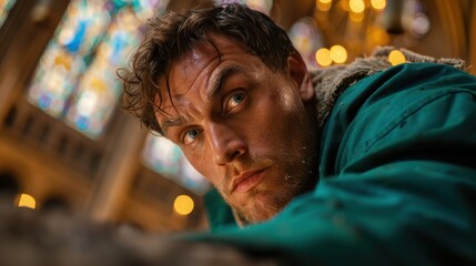 A person clad in a green outfit sits or kneels in a grand, colorful church interior with ornate windows, captured in a contemplative or reflective pose amid vivid surroundings.