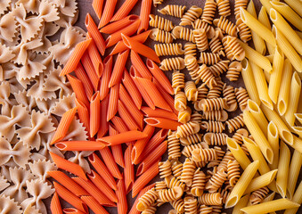 Different Types of Pasta. Healthy Pasta Concept. Farfalle, Penne, Fusilli. Top View.