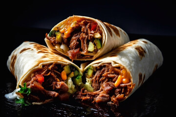 three burritos is wrapped with beef and vegetables on a black background