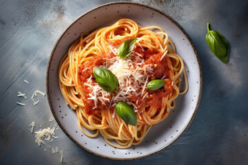 delicious appetizing pasta with tomato sauce and basil. top view