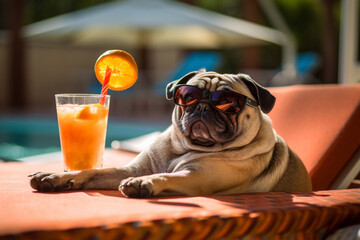 pug rests near the pool. pug in sunglasses and with a cocktail