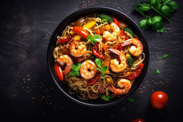 delicious appetizing pasta with seafood, tomato sauce and basil. top view