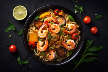 delicious appetizing pasta with seafood, tomato sauce and basil. top view