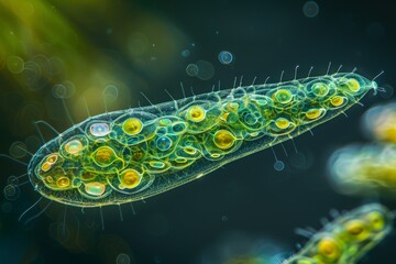 Detailed High-Resolution Image of Euglena Under Magnification Showing Flagellum and Chloroplasts with Bright Lighting