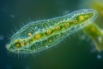 Detailed High-Resolution Close-Up of Euglena Under Magnification with Focus on Flagellum and Chloroplasts in Bright Lighting