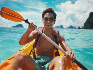 Obraz premium A person kayaking and smiling while paddling through calm waters