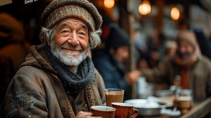 Obraz premium an old homeless man at a homeless cafe