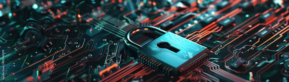Poster a close-up view of a padlock on a digital circuit board, symbolizing cybersecurity, data protection,