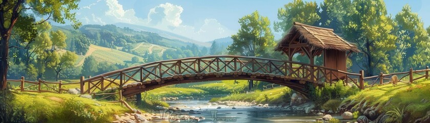 Obraz premium Picturesque wooden bridge with a thatched roof, spanning a gentle creek, rolling hills in the background, summer, high detail, illustration
