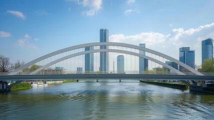 Fototapeta premium Contemporary urban bridge with minimalist design, crossing over a river, skyscrapers in the background, daytime, high detail, photography