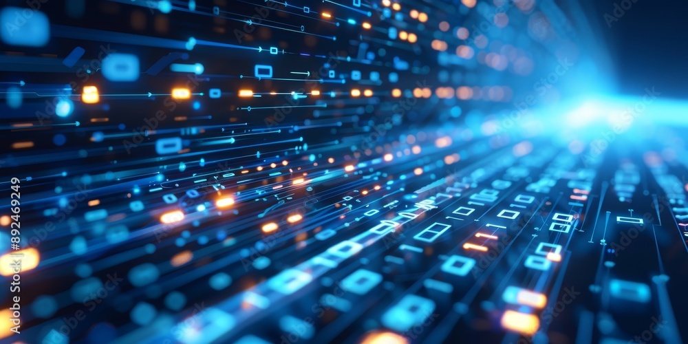 Poster the futuristic digital circuit board features binary code, glowing lights, and hightech technology d