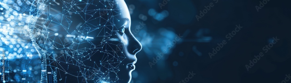 Aufkleber a digital human face blending into a network of data and connections, representing artificial intell