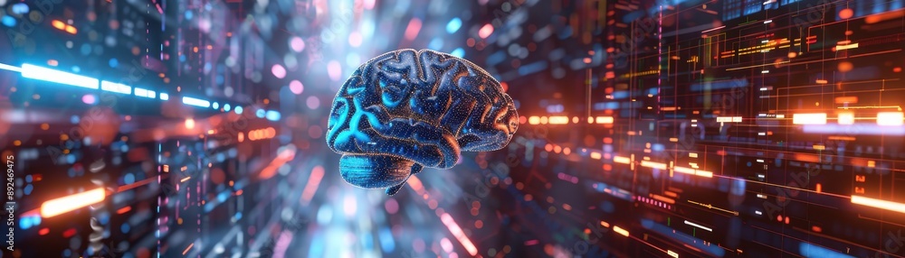 Poster a futuristic digital visualization of a brain connected to data streams, symbolizing ai, technology,