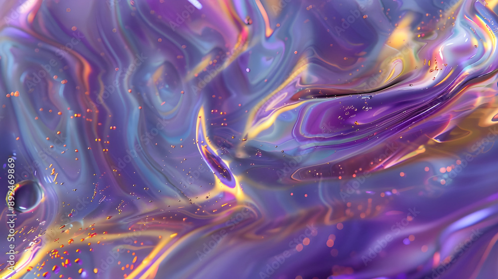 Poster vivid abstract fluid art featuring swirling purple hues and shimmering accents, creating a mesmerizi