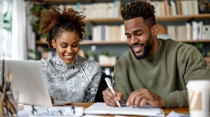A smiling couple working together in a modern library setting, looking at documents and computer, embodying teamwork, collaboration, and the joy of learning and partnership.