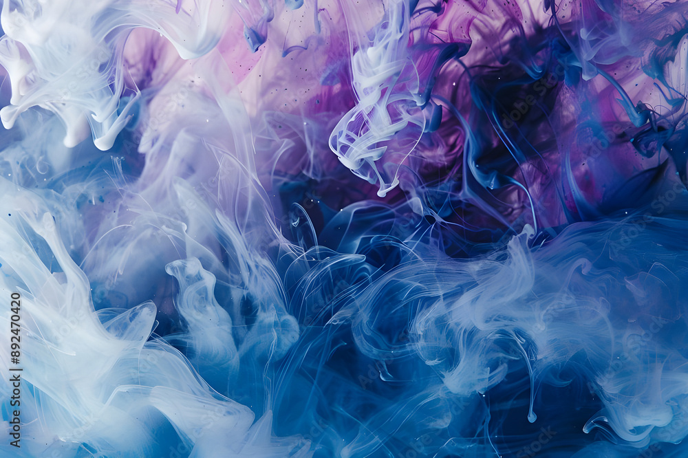 Poster a captivating abstract art piece featuring swirling smoke patterns in vibrant blue and purple hues, 