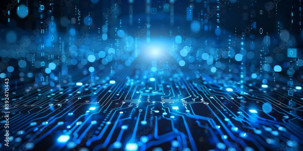 Poster a high-tech digital circuit board glowing with blue lights, symbolizing data flow and advanced techn