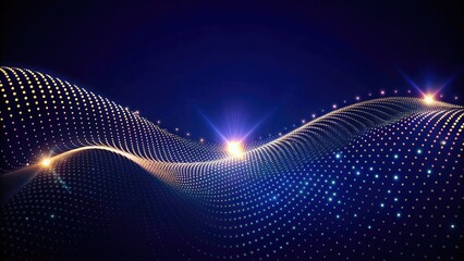 Dynamic wave of glowing dots on a dark background. Digital aesthetic background for representing technology and innovation, with copy space for text