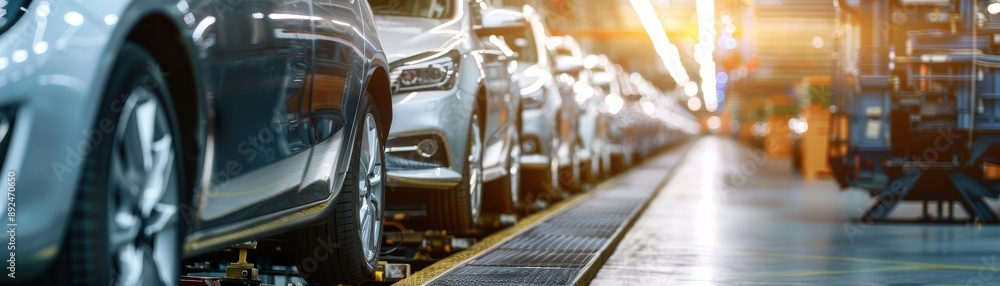 Poster a row of modern cars on an automobile assembly line in a factory with a glowing light in the backgro